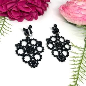 VINTAGE⚜️ORNATE Black Crystal Chandelier Clip Earrings